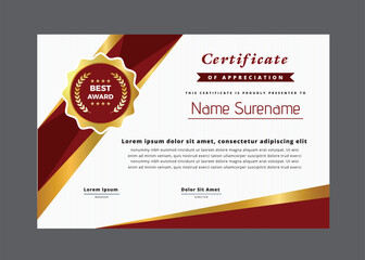 Elegant certificate of appreciation template with gold and maroon accents