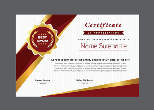 Elegant certificate of appreciation template with gold and maroon accents