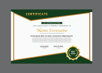 Elegant certificate of appreciation award design with golden and green theme