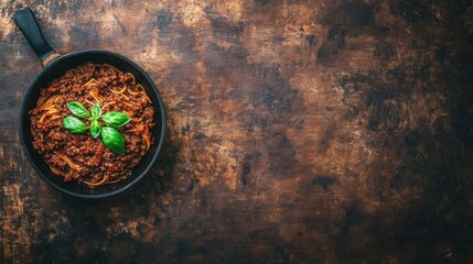 Delicious spaghetti bolognese served in black skillet on rustic table