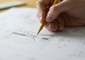 Architect's Hand Sketching Architectural Blueprint with Pencil Design, Plan, Drawing, Project Concept.