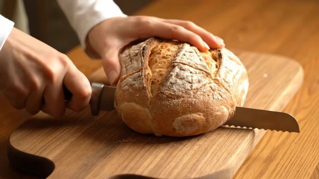 Fresh bread loaf sliced on wooden cutting board with serrated and kitchen knives, close up of hands preparing homemade bakery food showing crusty texture and soft interior in warm natural light