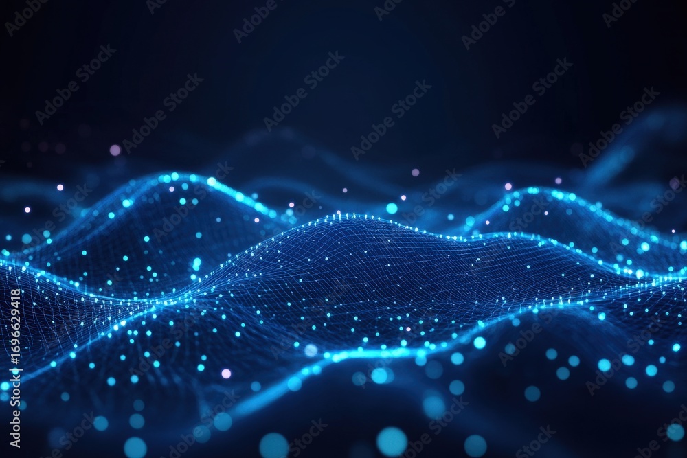 Aufkleber a digital landscape of blue waves and glowing particles, creating a futuristic and abstract represen