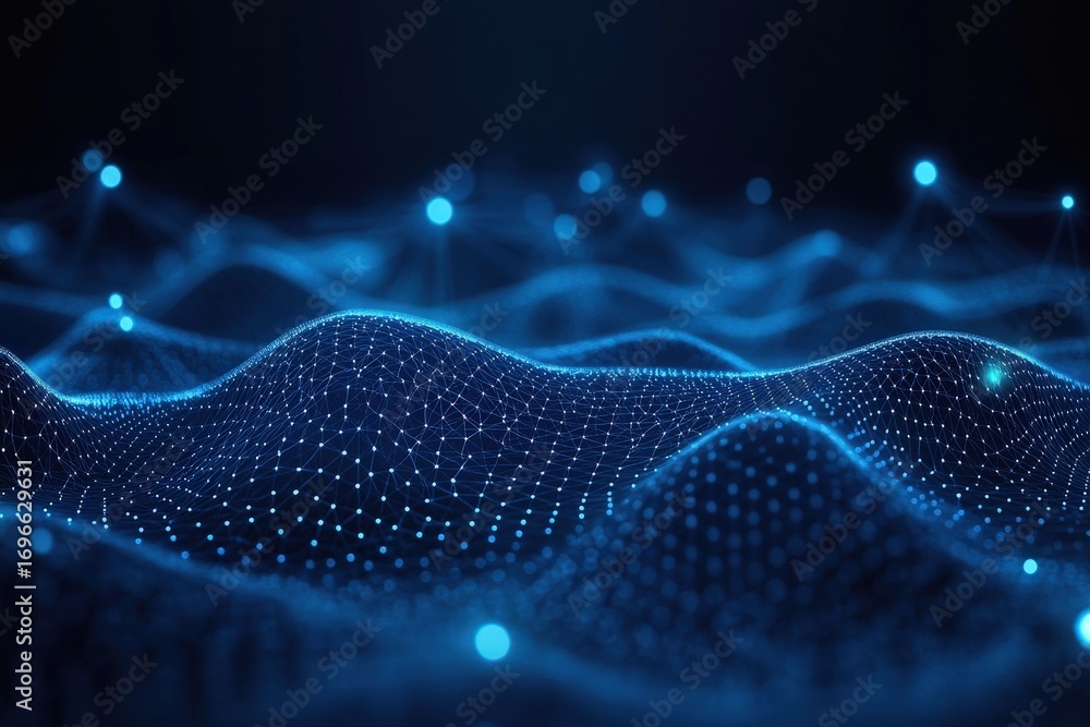 Poster a digital representation of interconnected blue waves, resembling data visualization or abstract tec