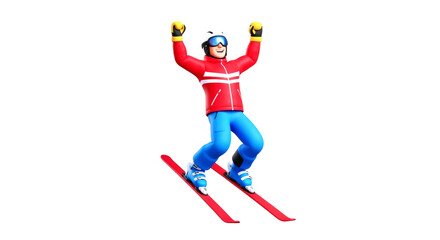 Obraz premium triumphant cartoon skier 3d render of joyful victory celebration, airborne, isolated on transparent background