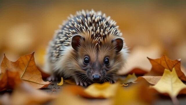 A small hedgehog sits on a pile of leaves, a cozy scene