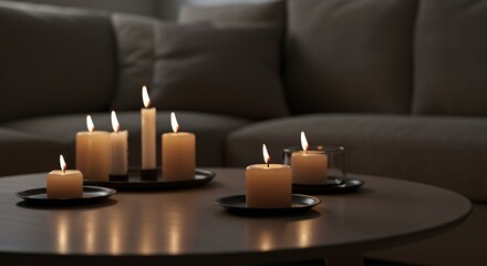 A collection of flickering candles casts a warm, inviting glow across a modern living room, creating an atmosphere of peace and relaxation for an evening at home