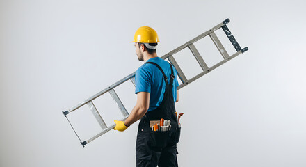 Construction worker carrying aluminum ladder on shoulder indoors
