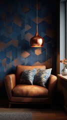 Cozy Reading Nook with Leather Armchair and Geometric Wallpaper.