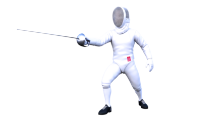 3d cartoon fencing champion ready to strike, dynamic pose, foil in hand, isolated on transparent background
