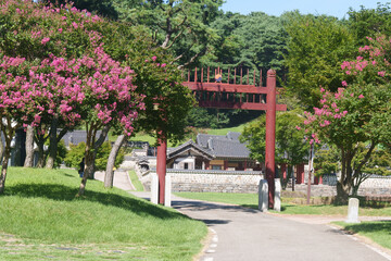 Fototapeta premium 배롱나무꽃 풍경의 서원 홍살문 