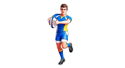 Fototapeta premium cartoon rugby player dynamic run, gripping ball, intense focus, isolated on transparent background