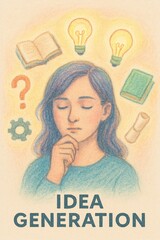 Title: Thoughtful woman engaging in idea generation and creative thinking, surrounded by symbols like glowing lightbulbs, books, and question marks, representing inspiration and problem-solving