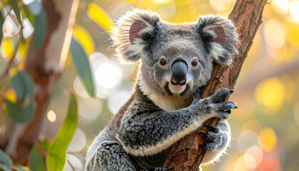 Obraz premium Koala marsupial clings to tree in sunlight, symbolizing survival and hope for vaccine development in wildlife conservation efforts