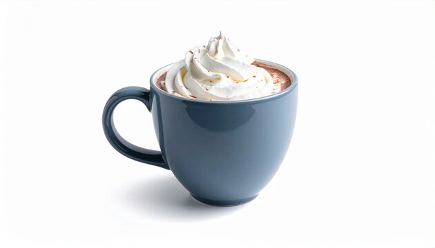 Fresh hot chocolate drink in ceramic mug with whipped cream topping sweet beverage isolated on white background
