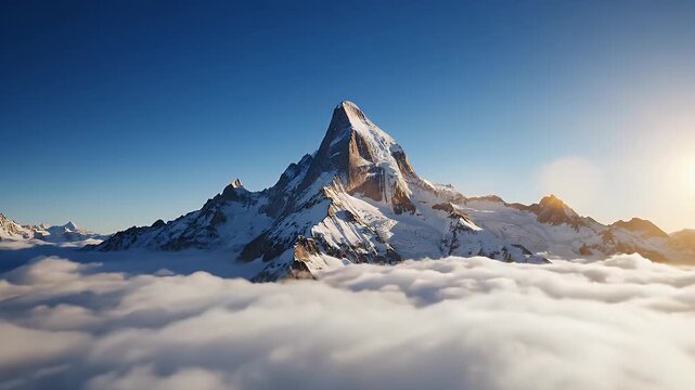 Cinematic aerial view of a majestic snow-capped mountain peak rising above soft, ethereal clouds during a breathtaking golden hour sunrise, conveying a sense of serene grandeur.