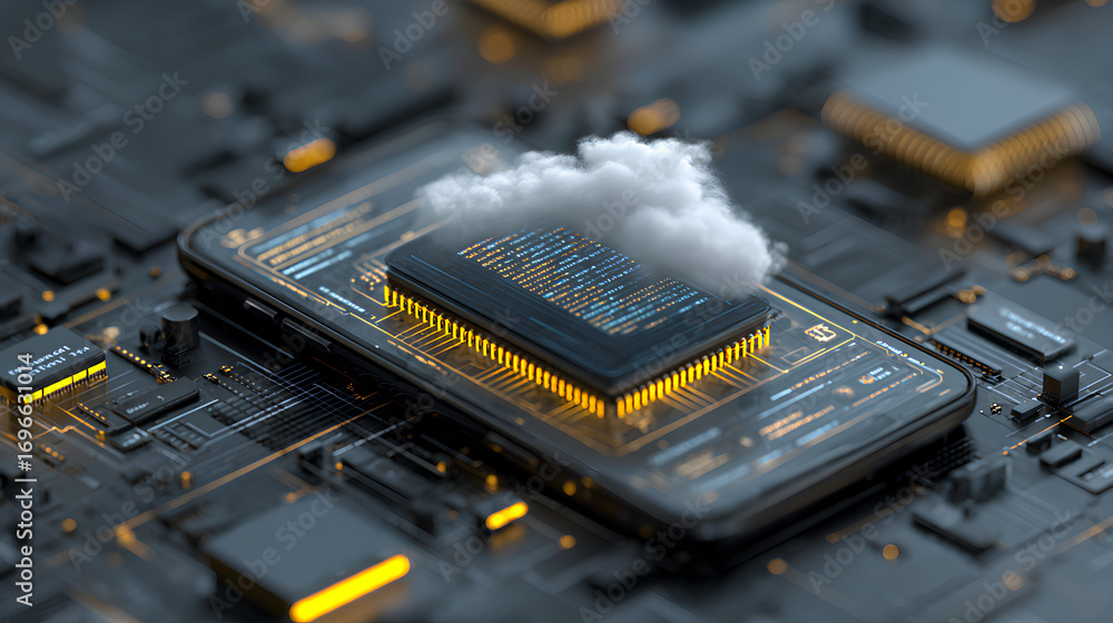 Poster desktop smartphone app development, cloud computing network concept. coding, programming 3d render i