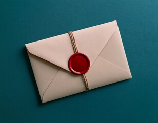 shrouded in a subtle air of mystery a beige envelope bearing a prominent red wax seal lies on a tranquil teal background