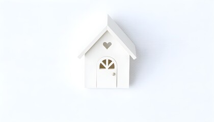 White miniature wooden house with heart detail.