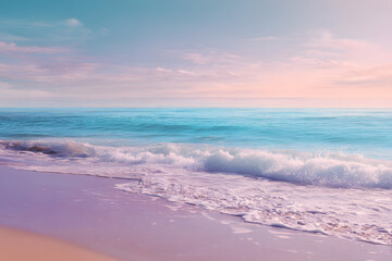 Colorful pastel beach seascape with soft waves at sunset
