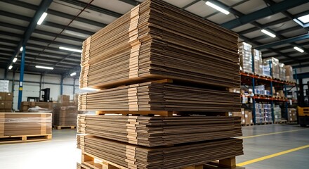 Obraz premium Neatly Stacked Cardboard Sheets on Pallets Inside a Large Warehouse