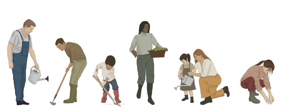 Architectural people/ character in elevation view - people and children gardening - 2D- transparent png- standing and walking men and women- Stylish and fashionable people - Powered by Adobe