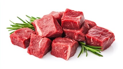 Raw beef cubes with rosemary on white