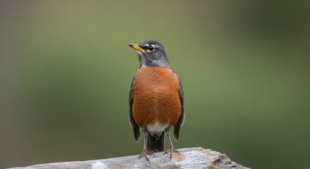Fototapeta premium American Robin Bird Sitting on a Rock Facing Left with a Blurred Green Background