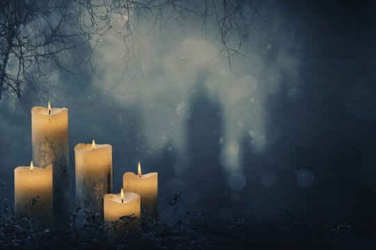 Candles illuminate the dark surroundings, setting a peaceful atmosphere for reflection during All Souls Day and All Saints Day observances