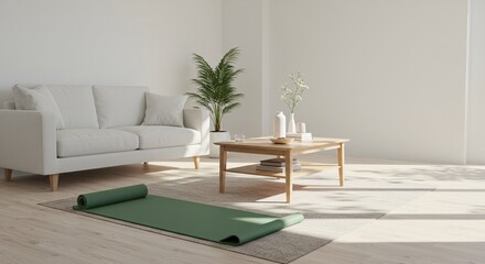 Fototapeta premium Serene minimalist living room with a green yoga mat, ideal for home fitness, meditation, or tranquil relaxation, illuminated by soft natural light