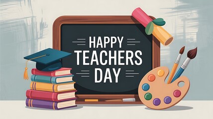 Happy teachers day with graduation cap, books, paint brushes and diploma scroll