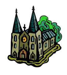 
Color vector illustration of a catholic gothic temple with two pointed spires on a white isolated background