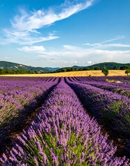 Fototapeta premium A vast expanse of vibrant purple lavender fields stretches towards rolling hills under a brilliant blue sky dotted with fluffy white clouds.