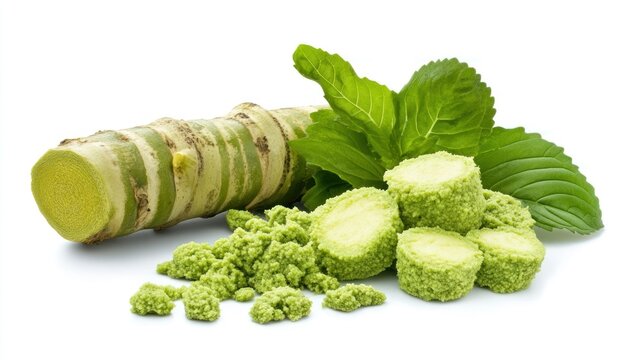 Fresh wasabi root grated wasabi and leaves on white
