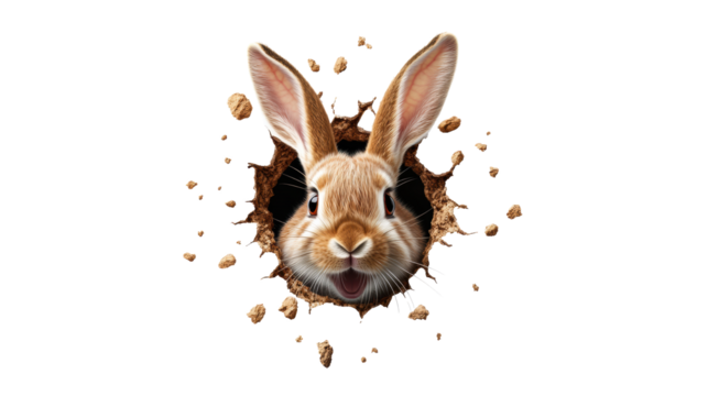 Cute Rabbit Peeking from Hole  on Transparent Background