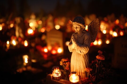 All Saints Day, Zaduszki day, and Day of the Dead, Candles flicker softly in a cemetery, surrounding a serene angel statue while creating a heartfelt atmosphere at dusk
