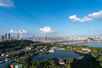 Wuhan Yangtze China city skyline with river bridge and tower on a clear day