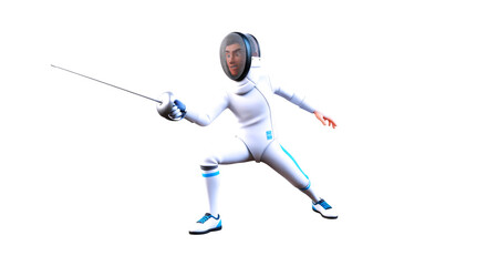3d cartoon fencing ace dynamic lunge, poised strike, intense focus, athletic prowess, elegant motion, competitive spirit, ultimate victory, isolated on transparent background