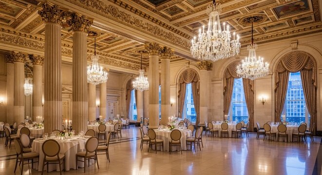 Lavish ballroom with tables, ornate columns, chandeliers, and coffered ceiling