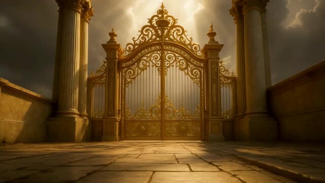 Golden Gate Columns Entrance Courtyard Stone Pathway Clouds Dramatic Sky Architecture