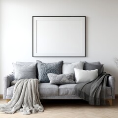 Poster frame mockup in a minimalist scandinavian living room with a grey sofa, patterned pillows, herringbone wood flooring,