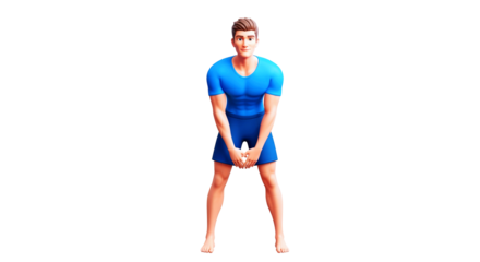 3d cartoon athlete preworkout stretching, focused determination, powerful physique, blue outfit, isolated on transparent background
