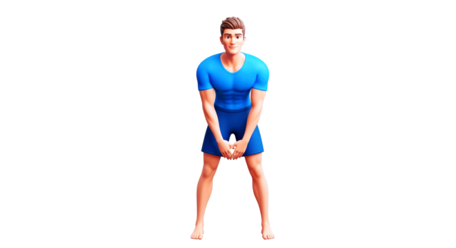 3d cartoon athlete preworkout stretching, focused determination, powerful physique, blue outfit, isolated on transparent background - Powered by Adobe