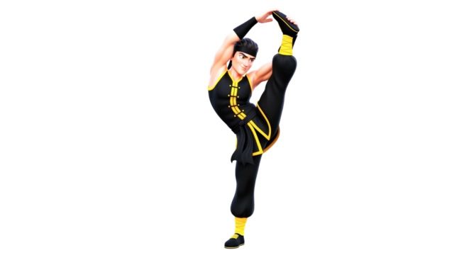 cartoon martial artist dynamic leg stretch, focused expression, black yellow outfit, graceful pose, 3d animation, isolated on transparent background