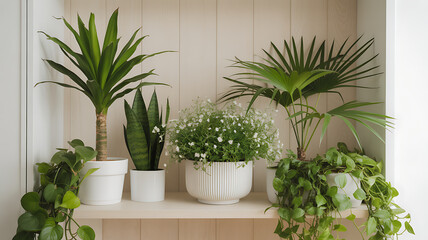 Fototapeta premium Collection of various indoor potted plants on a shelf
