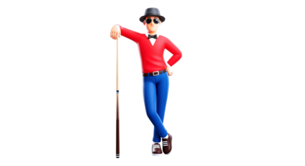 3d cartoon billiard player cool pose, casual style, relaxed attitude, game character, 3d model, isolated on transparent background