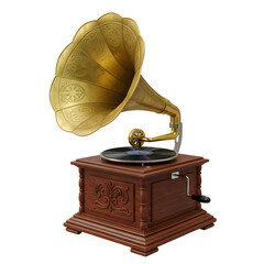 Ornate Golden Horn Gramophone with Dark Wood Base and Black Vinyl Record.