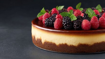 Indulgent berry cheesecake crowned with ripe raspberries and blackberries, capturing dessert symphony, perfect for National Cheesecake Day
