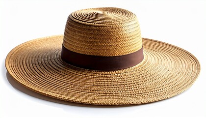Stylish women summer hat with wide brim woven straw fashion accessory isolated on white background
