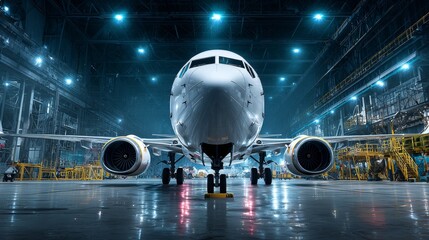 Fototapeta premium Modern Aviation Engineering Concept Showing Passenger Airplane in High Tech Aircraft Maintenance Facility